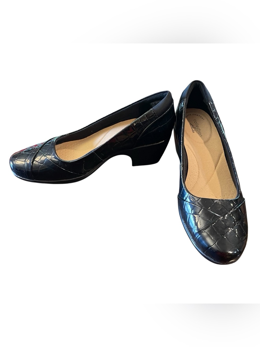 Clarks Emily Andria Pumps Low Block Heel  Women Size 7 Black Croc Office Boho